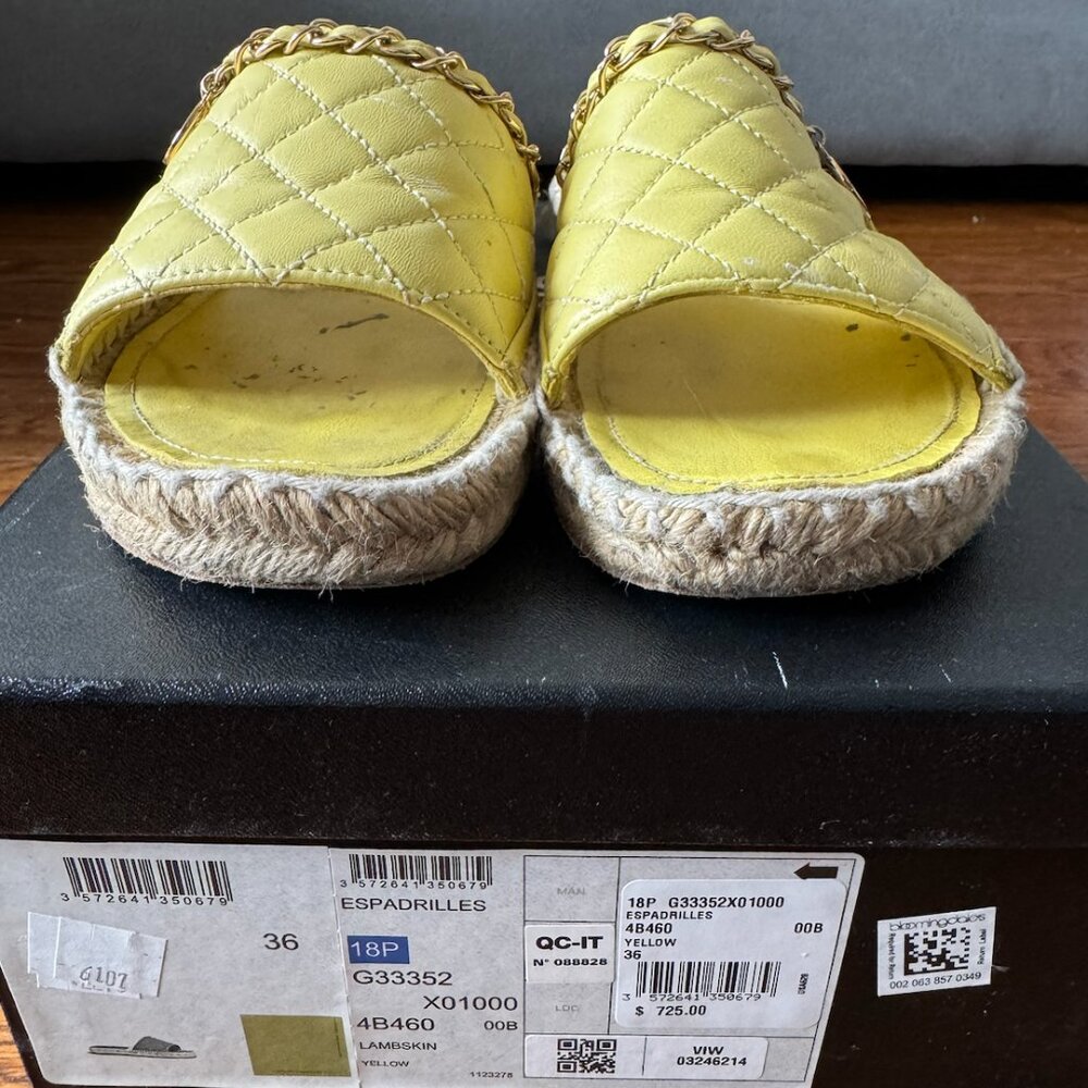 Chanel Yellow Lambskin Quilted Espadrille Slides Chain - Picture 2 of 7